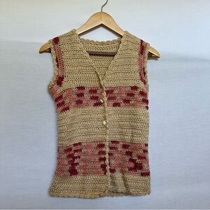 Handmade Crochet Knit Vest with Pink Accents